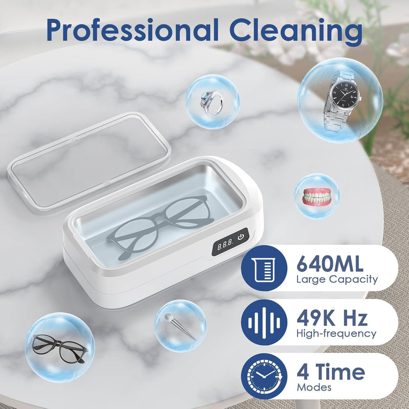 [Australia] - Ultrasonic cleaner, high frequency ultrasonic jewelry cleaner, portable glasses cleaner machine with 4 cleaning modes, 49000Hz ultrasonic cleaning for jewelry, glasses, watches, dentures 640ml 