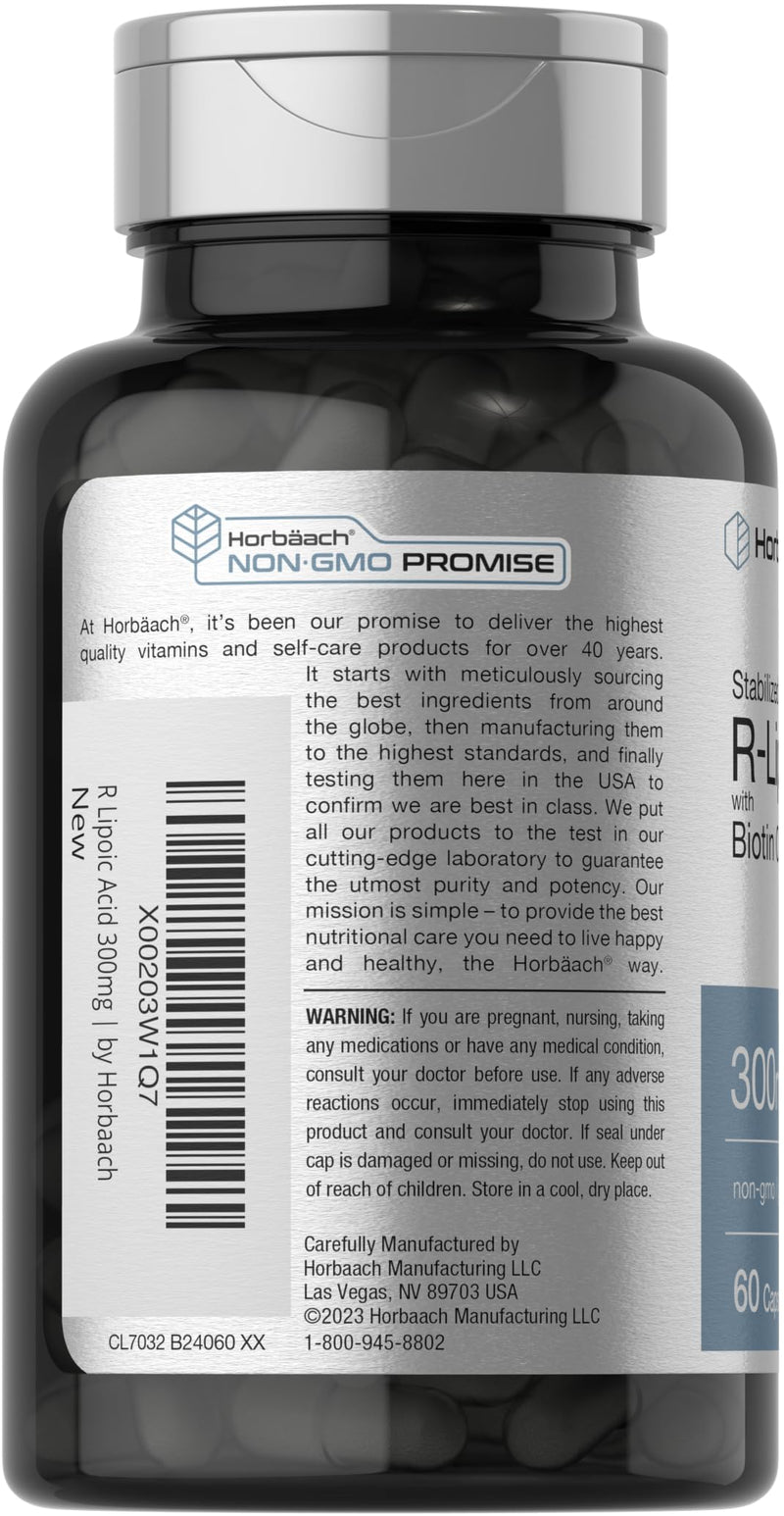 Horbäach Stabilized R-Lipoic Acid 300mg | 60 Capsules | with Biotin Optimizer | Non-GMO, Gluten Free | Na-RALA Supplement 60 Count (Pack of 1)