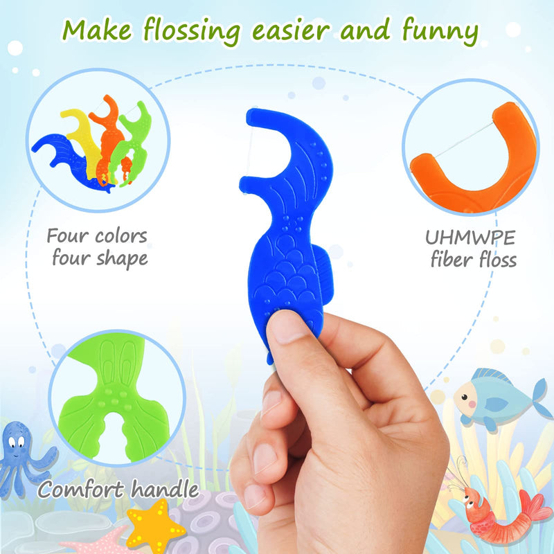 Kids Flossers, Kids Dental Floss Picks Without Fluoride, Unflavored, 4 Colors Ocean Animals Shaped Makes Flossing Fun, 50 Count (Pack of 4) 50 Count (Pack of 4)