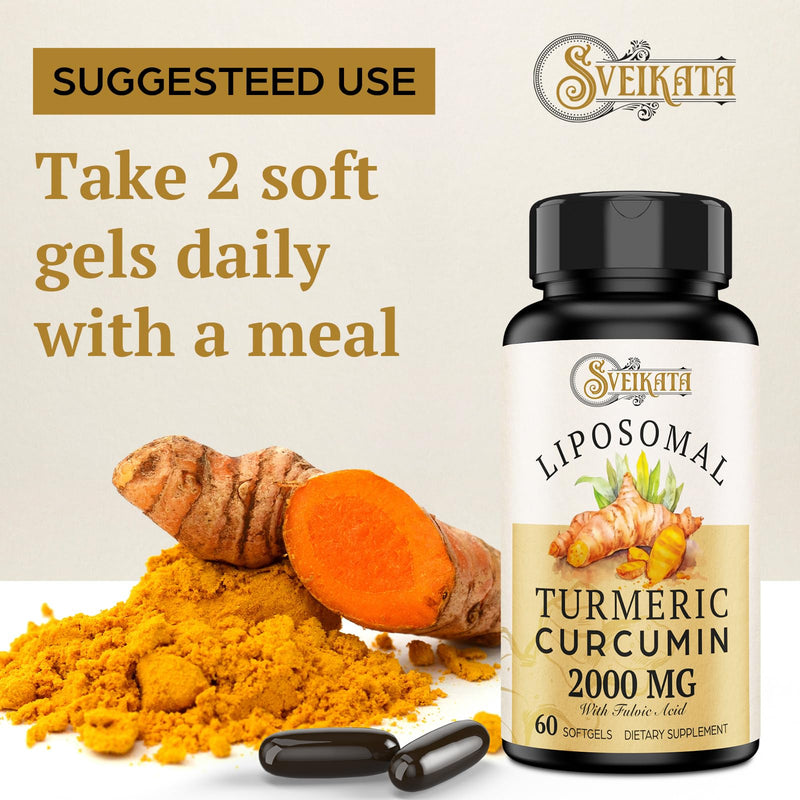 [Australia] - Liposomal Turmeric Curcumin Supplement 2000mg, 95% Standardized Curcuminoid Extract & Organic Root Powder with Piperine Black Pepper Fruit (15mg), 60 softgels, Non-GMO 60 Count (Pack of 1) 