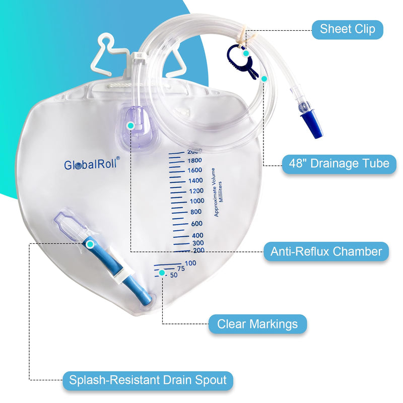 [Australia] - Urinary Drainage Bag with Anti-Reflux Chamber, Bedside Drainage Bag 2000 mL with 48" Drainage Tube, Hook Hanger and Clips, Urine Bag with Plastic Buckle for Home and Hospitals, 1 Pack 