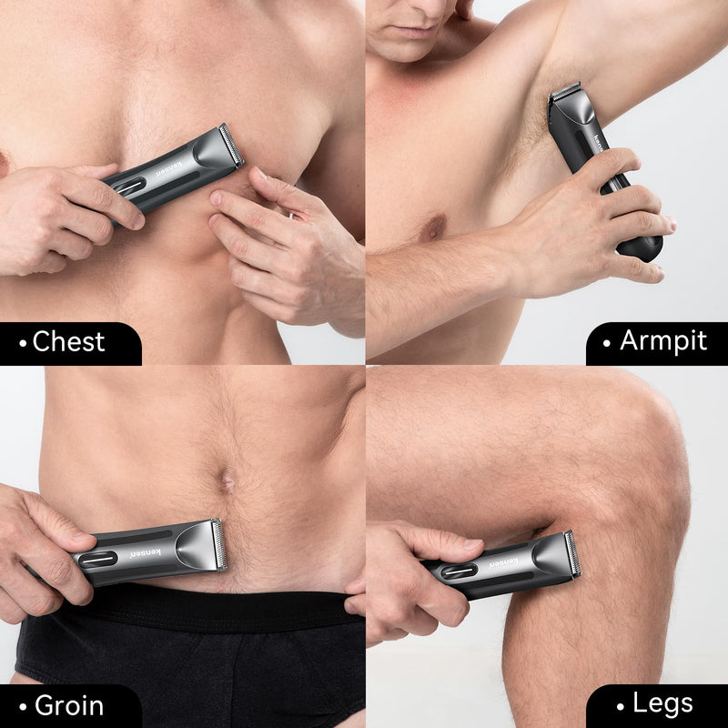 [Australia] - Body Hair Trimmer for Men, kensen Electric Groin Hair Trimmer, Rechargeable Body Groomer, Replaceable Ceramic Blade Heads, IPX7 Waterproof Wet/Dry Clippers, Male Pubic Hair Hygiene Razor Black 