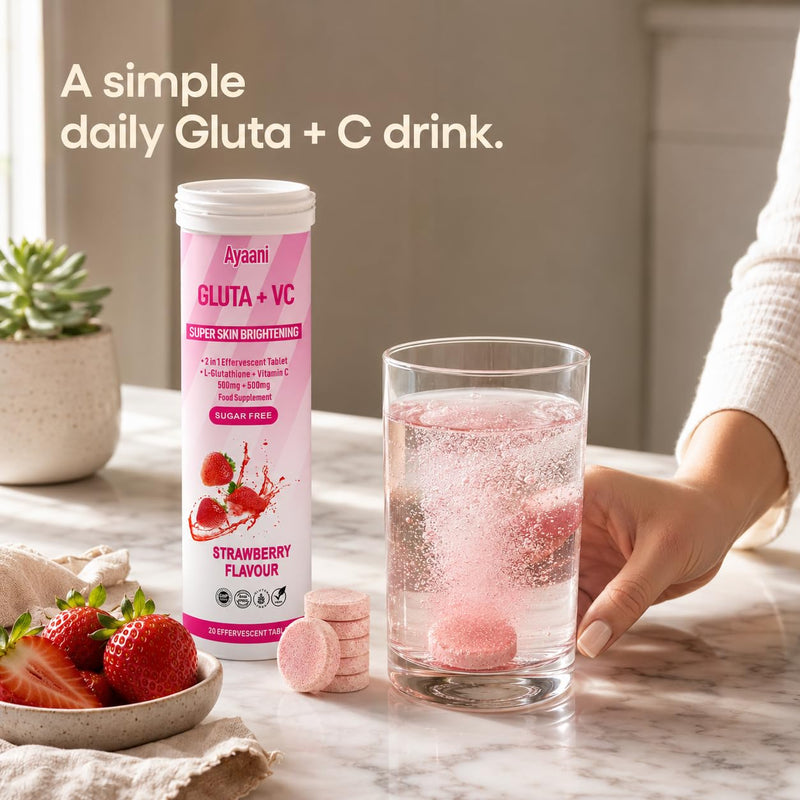 Glow Strawberry — Glutathione 500mg + Vitamin C 500mg | Beauty Drink for Skin Glow | Even Tone | Radiance | Zero Sugar and No Fillers | Effervescent Tablets | 20 Count