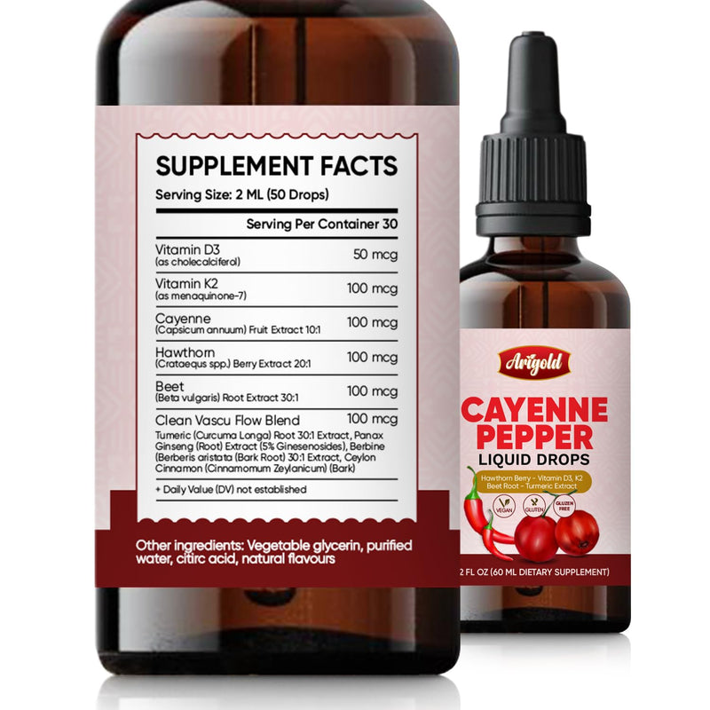 Arigold Cayenne Pepper Drops – Circulation & Energy Support Liquid Supplement with Hawthorn Berry, Beet Root, Turmeric, Vitamins D3 + K2, Ceylon Cinnamon, Berberine & Ginseng – Vegan, Non-GMO, 2 fl oz 2 fl oz (60 ml)