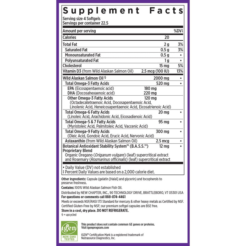 New Chapter Wholemega Tiny Capsule Fish Oil, 90 Count | 2000 mg per Serving, Wild Alaskan Salmon Oil with Omega-3, Vitamin D3, and Astaxanthin, 500 mg Each, Clinically Proven 90 Count (Pack of 1)