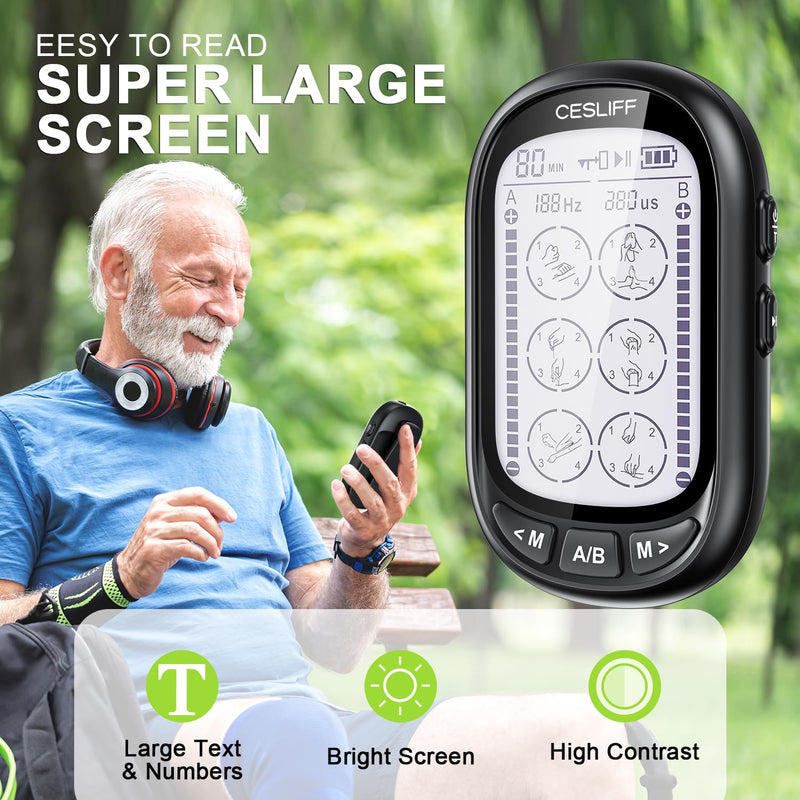 Dual Channel TENS EMS Unit 24 Modes 36 Levels, Upgraded Large Screen Intensity Muscle Stimulator for Back Neck Shoulder Pain Relief, Rechargeable Electric Pulse Massager TENS Machine with 10 Pads Black