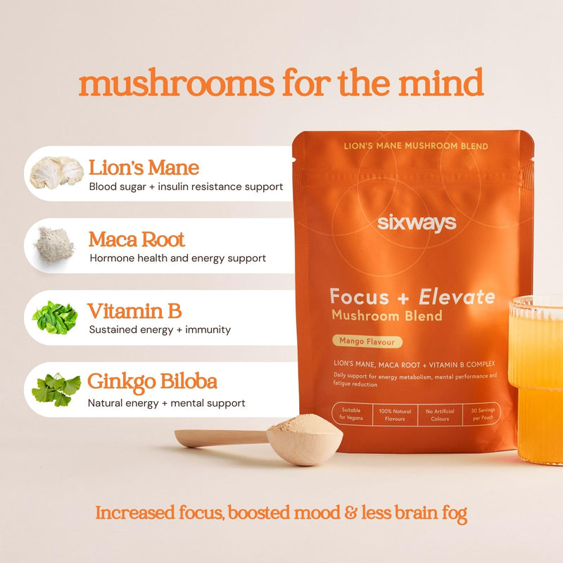 Sixways Focus & Elevate Lion's Mane Supplement, Mango Flavour, 30 Servings with Maca Root, Ginkgo Biloba, Vitamin B Complex, Vegan Nootropic Drink for Brain Function (150g)