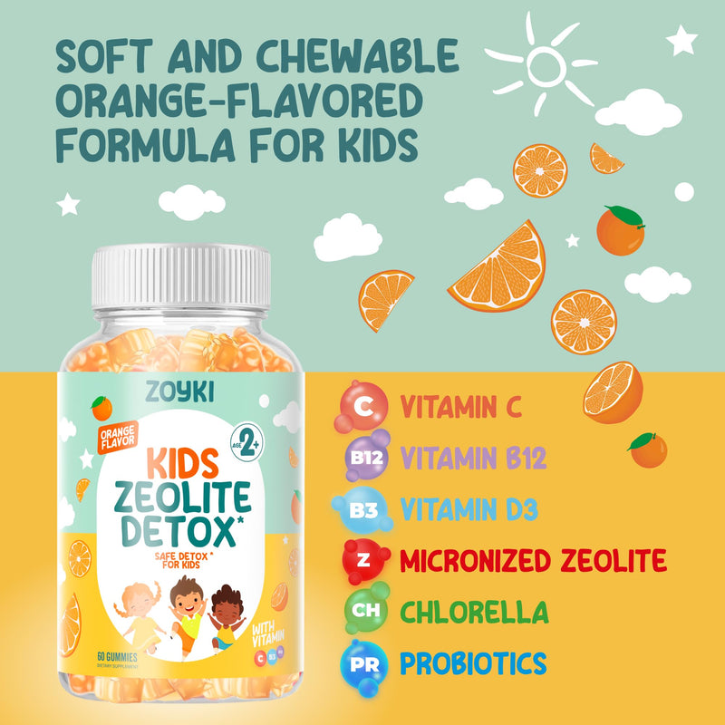 Zeolite Detox Gummies for Kids - Cleanse Out Toxins | Micronized Zeolite Chewable Body Support Supplement with Chlorella Vitamin D3 B12 C - Orange Flavor Vegan Non-GMO Gluten-Free