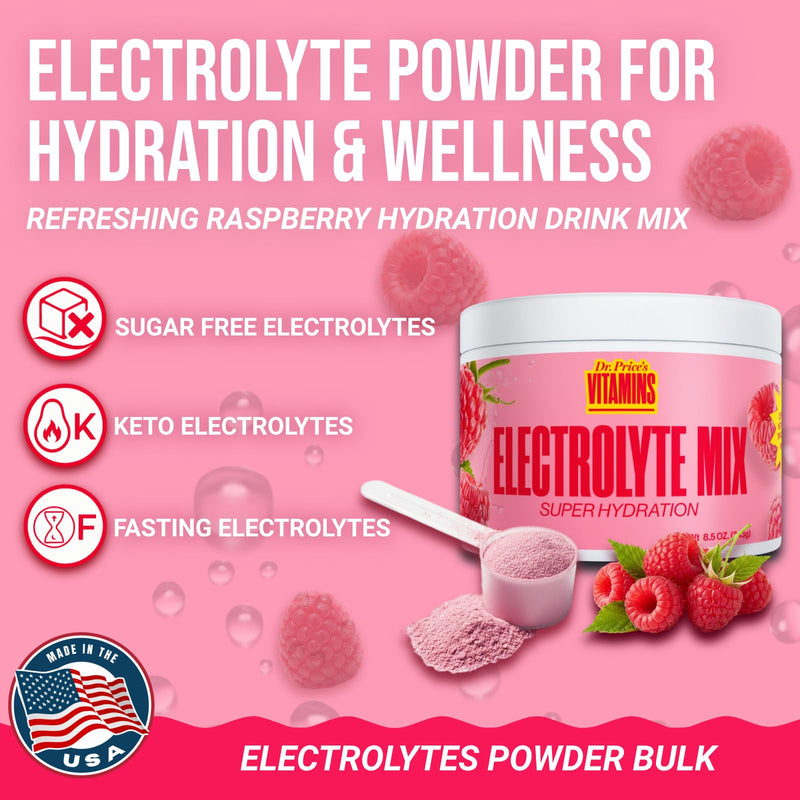 Dr. Price's Vitamins Electrolytes Powder Bulk, Raspberry 90 Servings | Electrolyte Mix, Hydration, No Sugar, Sodium, Potassium & 72+ Trace Minerals, Keto Friendly, Made in USA, Doctor-Formulated 90 Servings - Tub