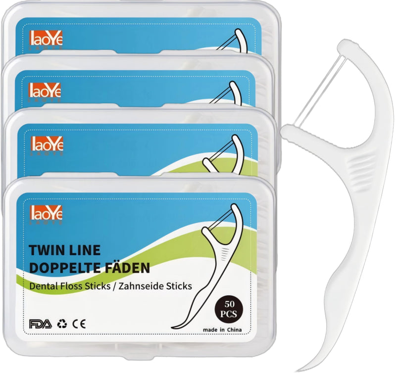 [Australia] - 200 PCS Dental Floss TWIN LINE Dental Floss Sticks Dental Floss Picks 4X Effective Teeth Cleaning Between Teeth Double Threads Dental Floss Stick with Toothpick - For removing plaque and food residue 