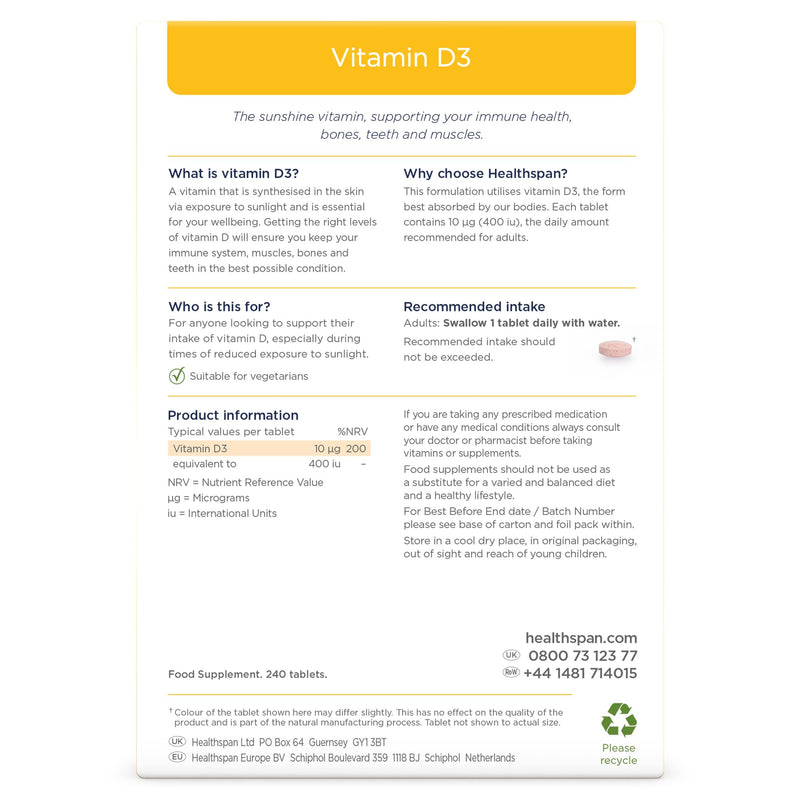 Healthspan Vitamin D3 400iu (8 Months' Supply) | Support Your Immune Health & Promotes Healthy Bones, Teeth & Muscles | Vegetarian