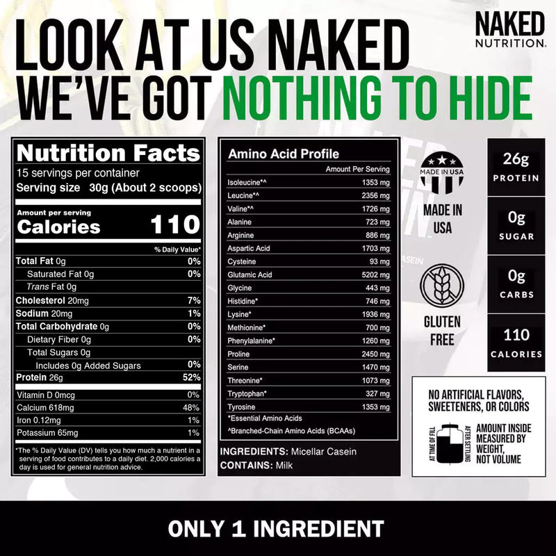 [Australia] - NAKED Casein - 1Lb Micellar Casein Protein - Bulk, Zero Carb, GMO-Free, Gluten Free, Soy Free, Preservative Free - Stimulate Muscle Growth - Enhance Recovery - 15 Servings Unflavored 1 Pound (Pack of 1) 