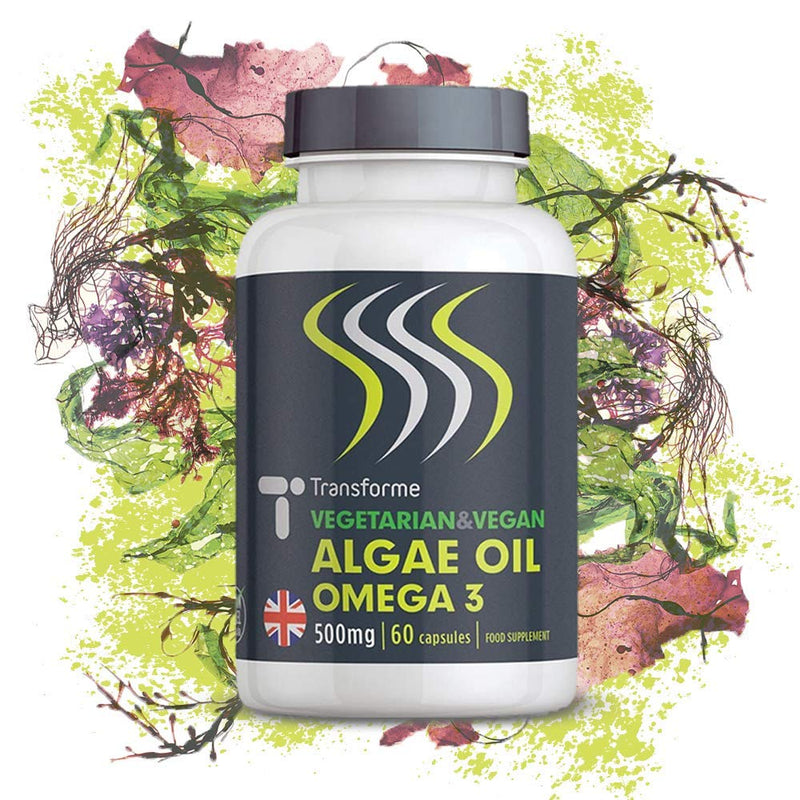 Transforme Vegan Omega 3 Algae Oil with Vitamin E, 60 Rapid Absorption Capsules, Marine Algal Oil DHA, Easy to Swallow Softgels, Vegetarian Plant Source Essential Fatty Acids