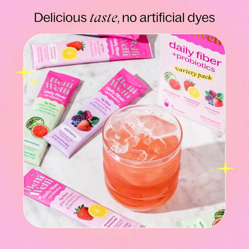 [Australia] - Daily Fiber Supplement Packets with Collagen, Probiotics & Electrolytes | Single Serve Packets for Gut Health, Digestion & Debloating | Variety | 10 Count 