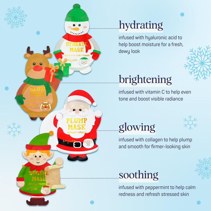 SpaLife Beauty Santa’s Workshop Christmas Face Mask Bundle | Korean Facial Masks | Hydrating, Soothing and Firming Sheet Mask Set | Christmas Face Masks for Women | Spa Party Favors | 12 Pack Santa's Workshop