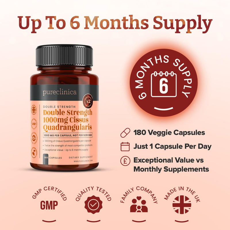 Double Strength Cissus Quadrangularis 1000mg x 180 Veggie Capsules -Up to 6 Months Supply 180 count (Pack of 1)