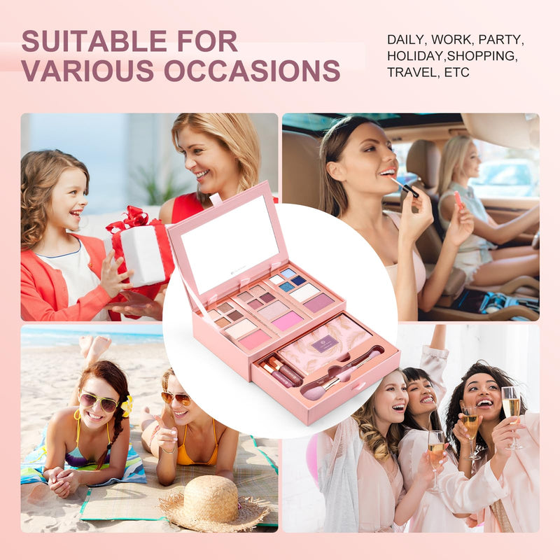 [Australia] - Color Nymph Small Makeup Palette Set for Face | Cosmetics Gift Set for Women & Girls | 12 Colors Eyeshadow, Blush, Highlighter, Contour Powder, Lip Gloss & Brush Kit | Travel-Friendly (Pink) Pink 