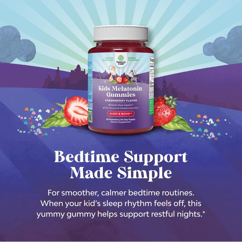 Kids Melatonin Gummies 1mg for Sleep Support, Strawberry - 60 count | Kids melatonin sleep support gummies 1mg with mood support; tummy-friendly, strawberry flavor