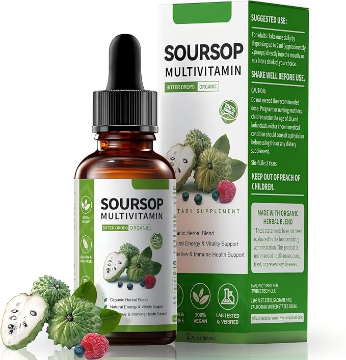 Soursop multivitamin Drop Natural Energy Booster, Immune Support, Vegan,Gluten Free,Non-GMO Vitamin B6,C,D, 60ml