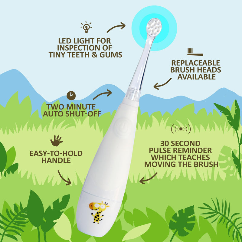 [Australia] - Jack N' Jill Tickle Tooth Sonic Electric Toothbrush with Replacement Head - Gentle Cleaning, Made for Tiny Teeth, LED Inspection Light, for Babies & Kids, Extra Soft Bristles - (1 Pack) 