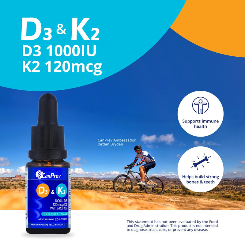 CanPrev Vitamin D3 K2 Liquid Drops, 1000 IU D3, 30mcg MK-7, 15ml | K2VITAL MK-7, MCT Oil Base, Supports Bones, Teeth and Immune Function, 450 Drops, No Pills, Unflavored, Gluten-Free