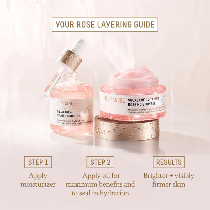 BIOSSANCE Squalane + Vitamin C Rose Face Moisturizer, 1.69 Fl Oz | Antioxidant-rich day/night face lotion, Even skin tone & reduce discoloration, Hydrates and smooths fine lines