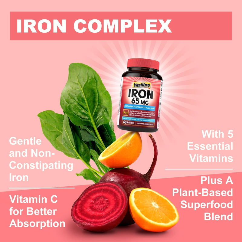 Vitalibre Iron Supplement for Women & Men, 65 mg, Ferrous Sulfate, Vitamin C, D3, B6, B12, Folate, Beet Root, Spinach, Pumpkin Seeds, Nettle, for Red Blood Cell & Energy Production, 60 Tablets 60 Count (Pack of 1)