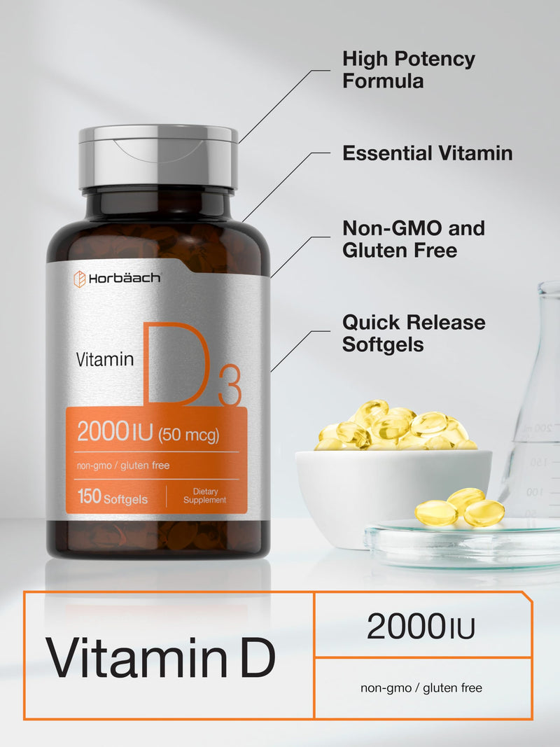 Horbaach Vitamin D3 2000IU Softgels | 150 Count | 50mcg Cholecalciferol | Non-GMO & Gluten Free Supplement