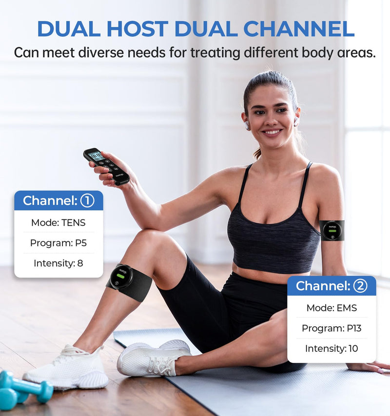 [Australia] - NURSAL Wireless TENS Unit Muscle Stimulator, Dual Host TENS EMS Machine for Pain Relief, 18 Modes 20 Intensity Remote Control Pulse Physical Electrotherapy for Back Shoulder Pain (2 Pads) Black 