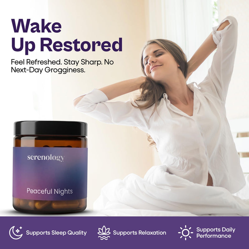 Peaceful Nights Magnesium Bisglycinate Capsules with Ashwagandha | High Absorption Bisglycinate | Evening Wind-Down Support Muscle Relaxation & Stress Support | 60 Capsules