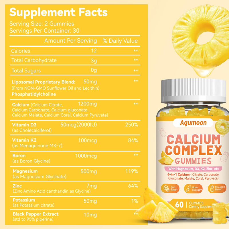 Liposomal Calcium Complex Gummies with D3, K2, Magnesium, Potassium & Zinc | - 6 Active Types Calcium (Citrate, Carbonate, Gluconate etc), for Bone & Immune Support - 60 Gummies 60 Count (Pack of 1)