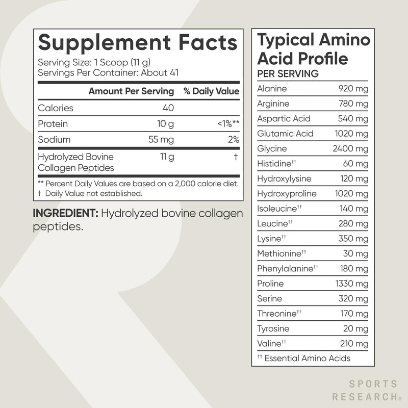 Sports Research® Collagen Peptides Protein Powder 16oz (Unflavored) | 11g Grass-Fed Collagen per Scoop · Hair, Skin & Joint Support · Easy to Mix in Coffee & Shakes - 41 Servings Unflavored 1 Pound (Pack of 1)