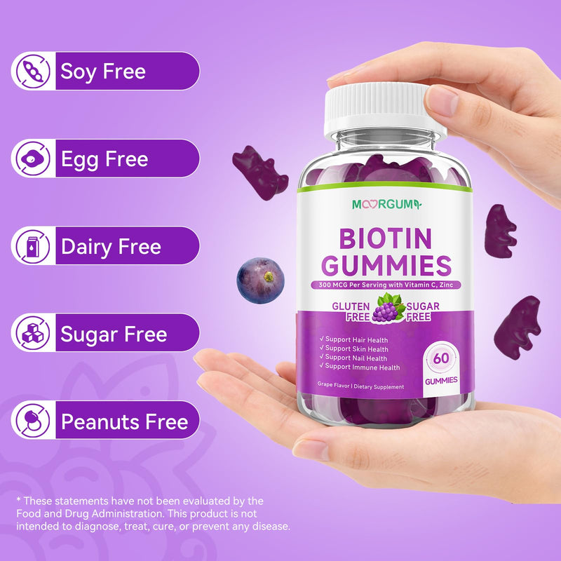Sugar Free Biotin Hair, Skin & Nails Gummies, Supports Healthy Hair, Skin and Stronger Nails, with Vitamin C, Zinc Chewable Vitamin B7 Supplements for Women & Men, Vegan, Non-GMO, Grape, 60 Count 60 Count (Pack of 1)