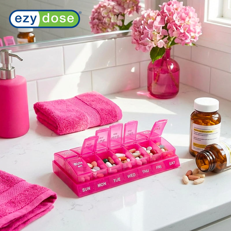 Ezy Dose Weekly (7-Day) AM/PM Pill Organizer, Small Medicine Planner, Pink | Daily Vitamin & Supplement Prescription Box, Compact Pop-Out Compartments, 2 Times a Day Holder, Travel-Friendly, BPA-Free
