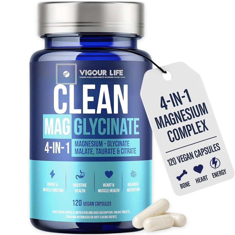 Clean Magnesium Glycinate Complex – 120 Vegan Capsules, Additive Free, No Binders or Cracking Agents. 1500mg. GMP Certified, High Absorption 4-in-1 Blend for Sleep, Muscle, Heart & Energy