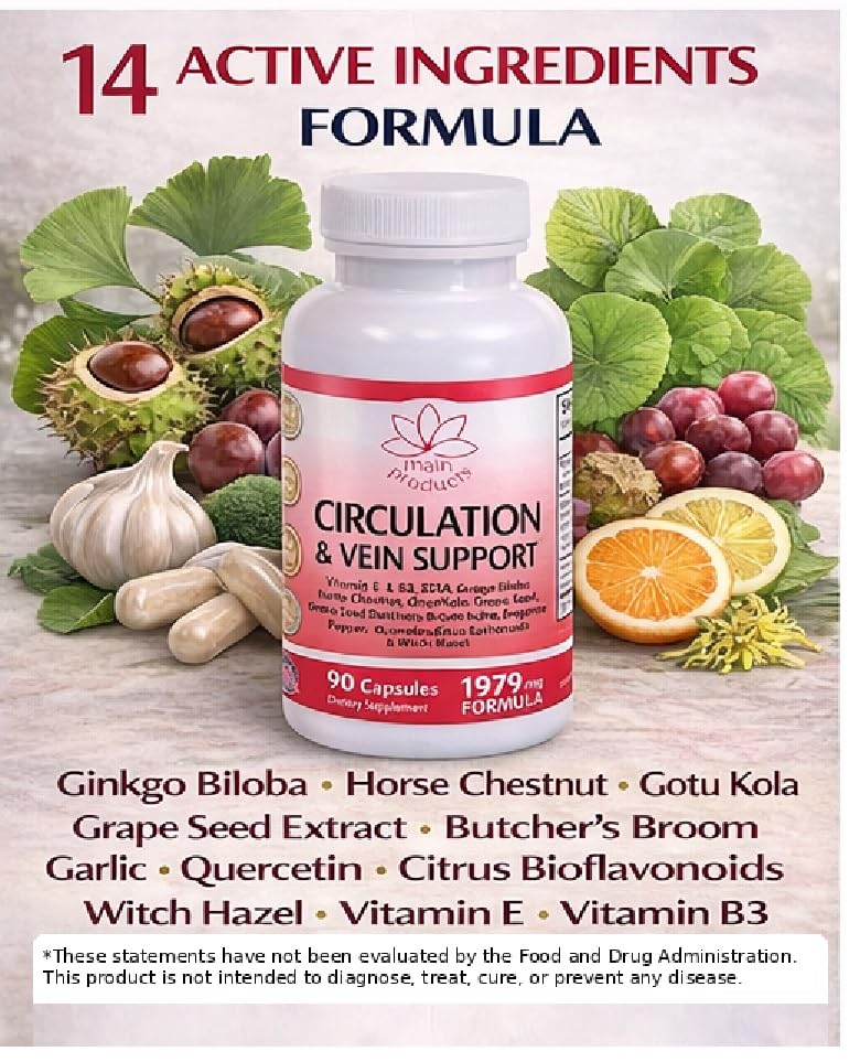 Circulation & Vein Support Supplement - Vitamins E & B3, Ginkgo Biloba, Horse Chestnut, Gotu Kola, Grape Seed, Butcher's Broom & Citrus Bioflavonoids - 1979 mg Formula - 90 Capsules - 30 Days Supply.