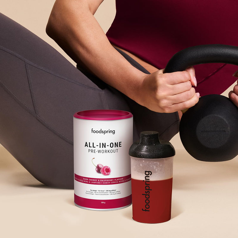 [Australia] - foodspring All-in-One Pre-Workout Booster for Energy & Focus - 200mg Caffeine Per Serving & Sugar Free - with EnXtra, Taurine, Citrulline, B6, B8, Choline & Ashwagandha (350g | Dark Cherry & Dark Cherry & Raspberry 