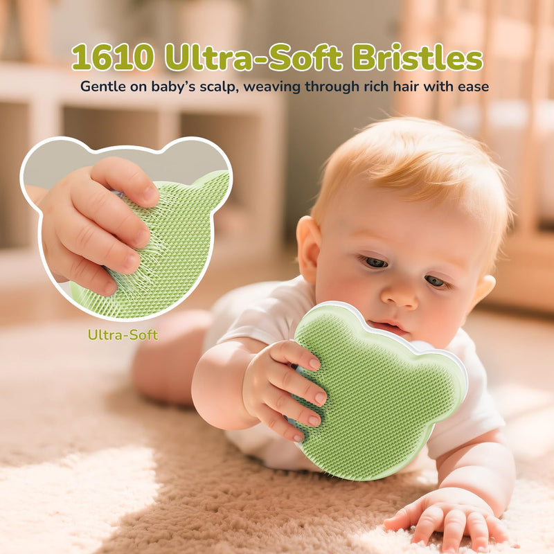 [Australia] - Cloud Baby Cradle Cap Brush Kit, 3-in-1 Cradle Cap Treatment Set with Soft Brush, Curved Comb & Sponge, BPA-Free, Easy to Use | Baby Bath Essentials - Extra Sponge, Serene Green 