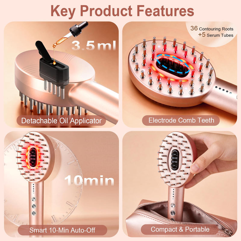 3-in-1 Electric Scalp Massager with Hair Oil Applicator, Vibrating Massage Tool for Scalp/Face/Body Relaxation, Portable Hair Brush, Scalp Massage Comb for Home & Travel Rose Gold
