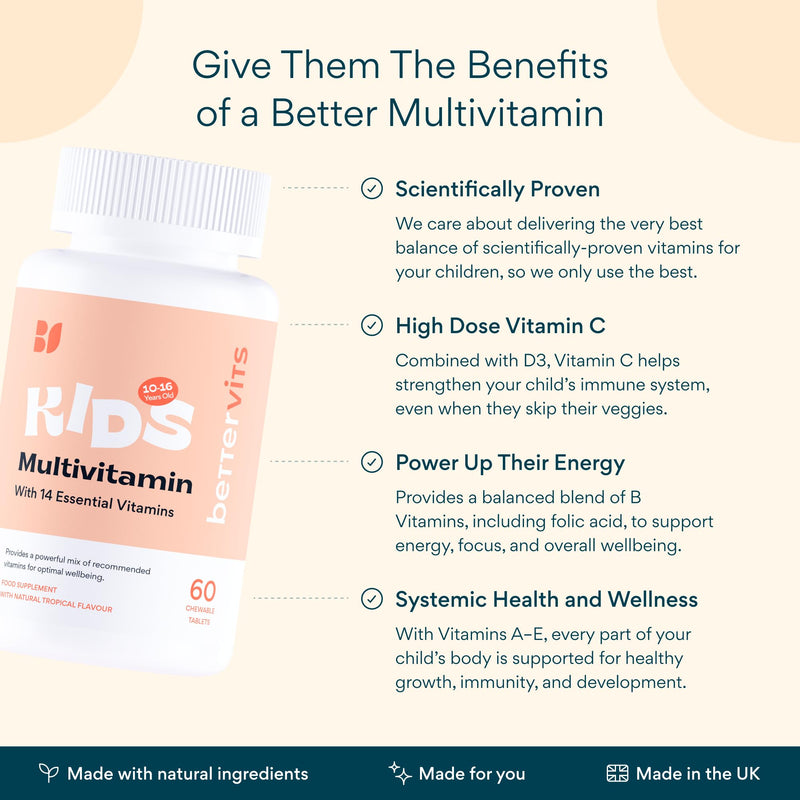Bettervits Kids Multivitamin Chewable Tablets | Children’s Multivitamins with Vitamins A, C, D, E, K, B-Complex | Vitamins for Kids 10–16 Years | for Immune Support & Daily Nutrition | 60 Tablets