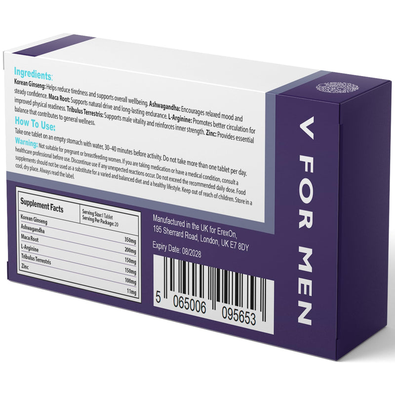 ErexOn V for Men - 20 Blue Tablets - Herbal Supplement for Men - Strong Effect - Mens Health Support Tablets - Performance & Enhancement - Maca, Glycine, Korean Ginseng and Zinc