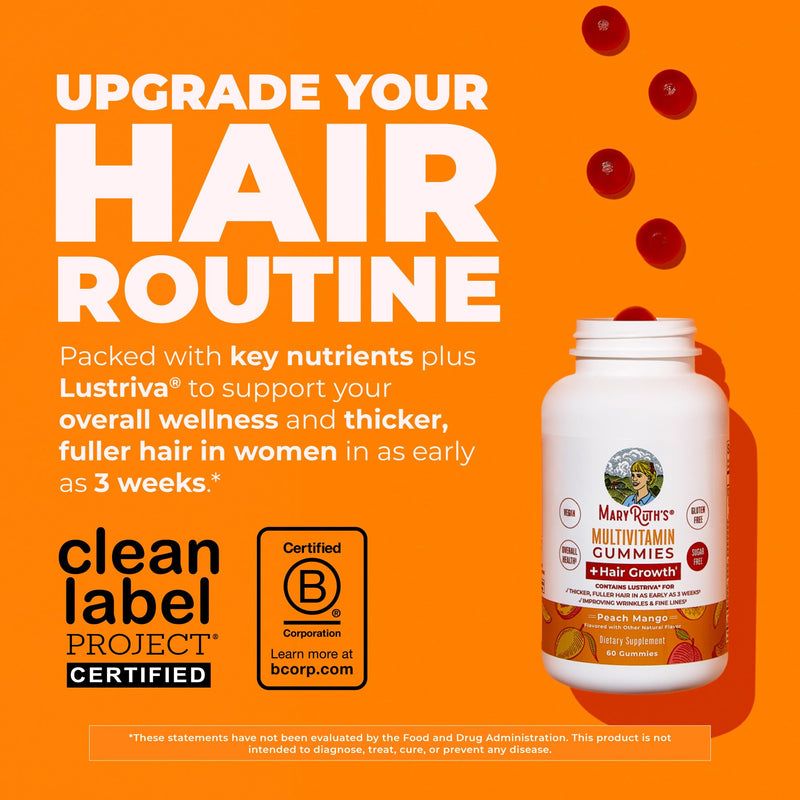 MaryRuth's Multivitamin + Hair Growth Gummies, Thicker Hair, 30 Servings | With Lustriva®, Biotin 10000mcg, B Vitamins, Formulated for Thicker Hair, Wrinkles, Fine Lines, Skin Care 60 Count (Pack of 1)