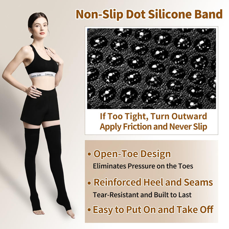 [Australia] - 20-30 mmHg Compression Stockings for Women and Men, Medical Graduated Compression Hoses, Open Toe Thigh High Compression Socks, Long Toeless Support Stockings for Varicose Veins, Edema, DVT X-Large Black 