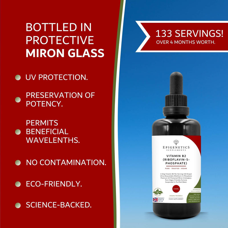 Vitamin B2 High Strength Liquid Supplement (R5P) 100ml | 4 Months Supply | 2300mcg Riboflavin 5 Phosphate | Premium UV Blocking Miron Violet Glass | UK Made & Vegan Friendly | 10 Drops Daily