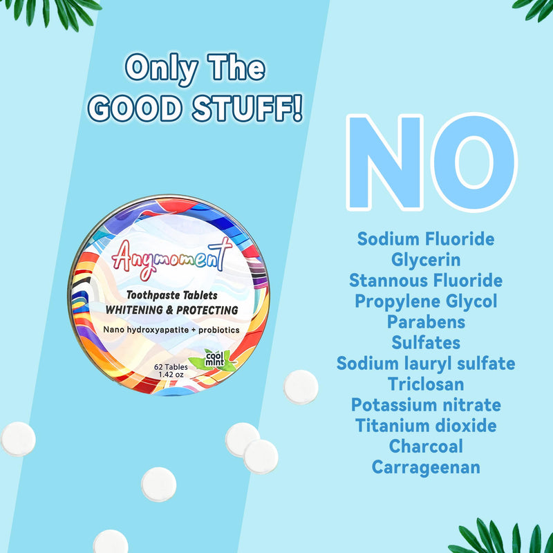 [Australia] - Anymoment Toothpaste Tablets with 7.5% Nano Hydroxyapatite,Flouride Free,SLS Free Remineralize with NHA (1 Month),Gift a Collapsible Cup,Eco & Plastic Free Travel Size Toothpaste 62 Count (Pack of 3) 