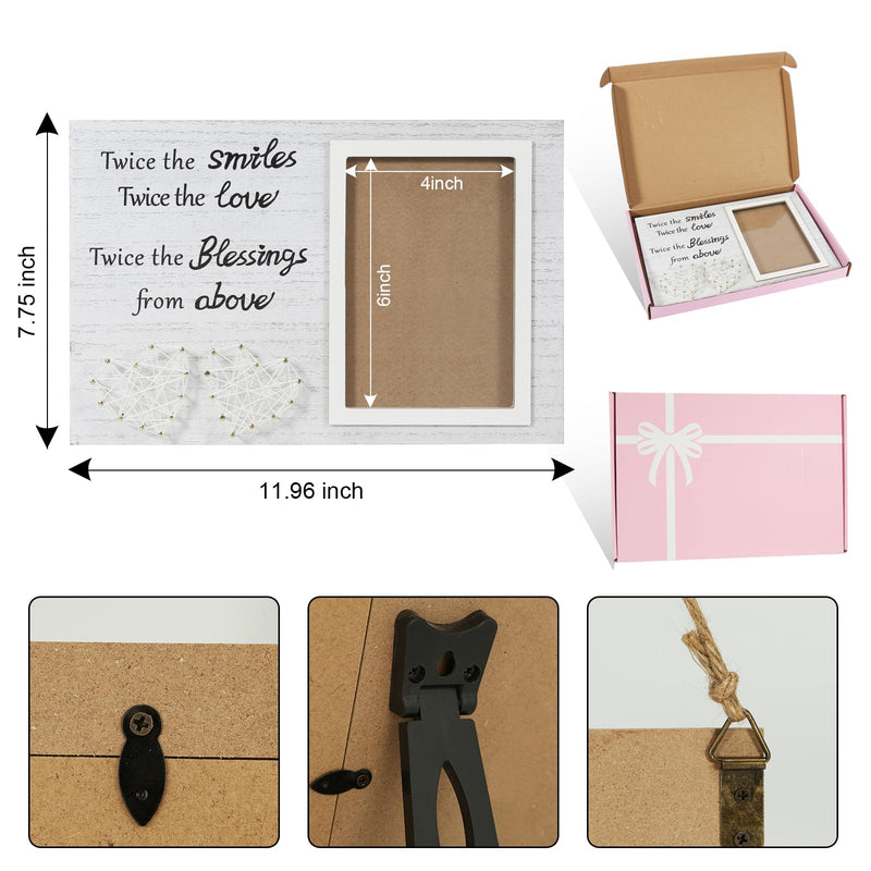 [Australia] - Twin Sister Keepsake Picture Frame - Gift for Twin Sisters Shower with The Words"Twice The Smiles, Twice The Love, Twice The Blessings from Above" 2 Heart Shaped 4 X 6 Frame with Black Text,Wood Twins Picture Frame 