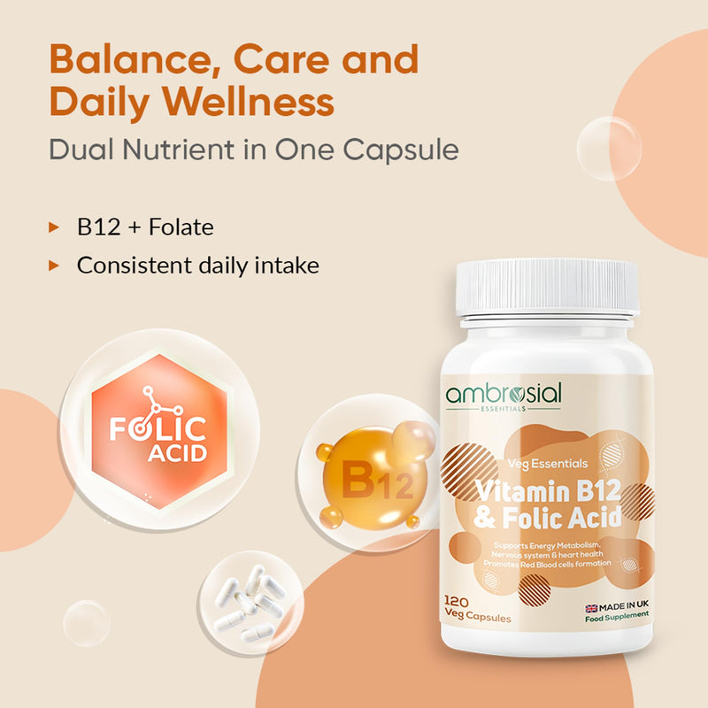 Ambrosial Vitamin B12 1000 mcg (Cyanocobalamin) & Folic Acid Tablets 500 mcg – Dual Formula in One Capsule – B12 Supplement for Women & Men –Vegan, GMP Certified – 120 Capsules (4 Months Supply)