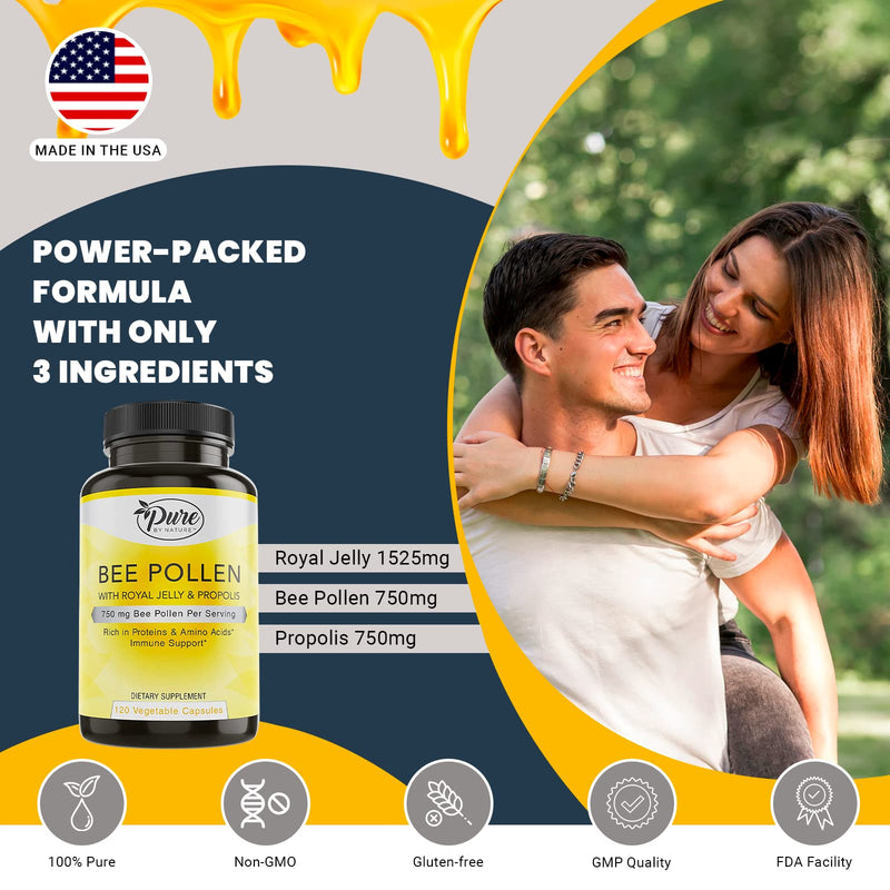 [Australia] - Pure By Nature Bee Pollen Supplement with Propolis & Royal Jelly for Immune Support, Antioxidant Properties, 120 Non-GMO Vegetarian Capsules 