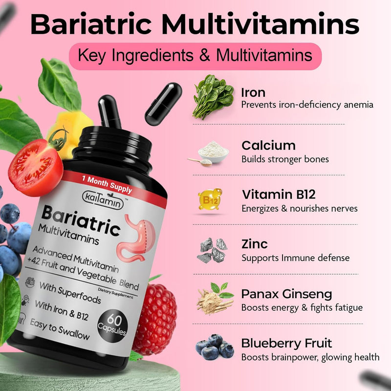 Bariatric Multivitamin with Iron 45mg, 120 Liquid Caps | Easy-swallow post-surgery multivitamin with B12, B6 & 42 superfoods for daily nutrition after weight loss surgery. 60 Count (Pack of 1)