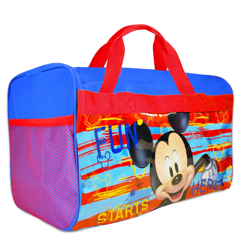 Disney Mickey Mouse Duffle Bag Set for Boys, Kids ~ 4 Pc Bundle With Mickey Carry On Travel Bag, Stickers, Door Hanger, and More | Mickey Mouse Sleepover Travel Activity Set